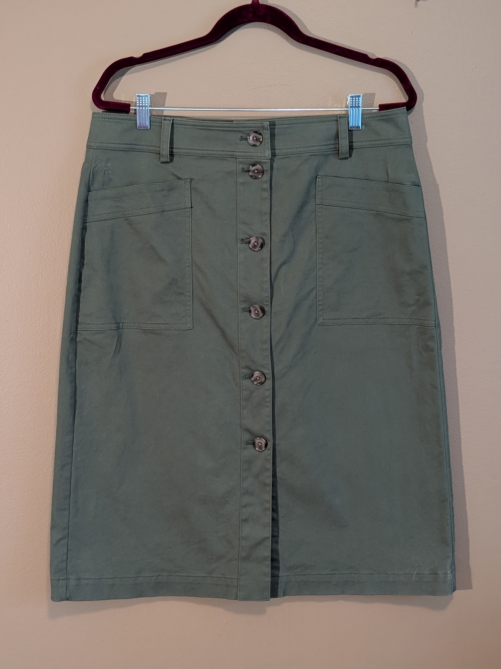 J. Crew Olive Green Midi Button-Front Skirt. Size 14.